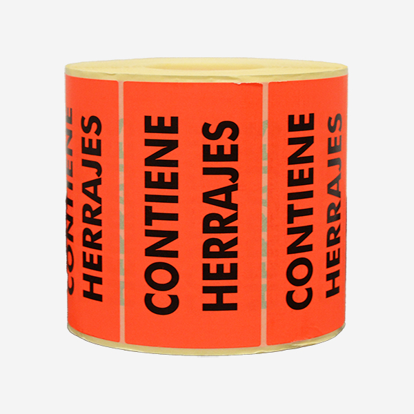 Etiquetas “CONTIENE HERRAJES” rojo flúor 90 x 50 mm